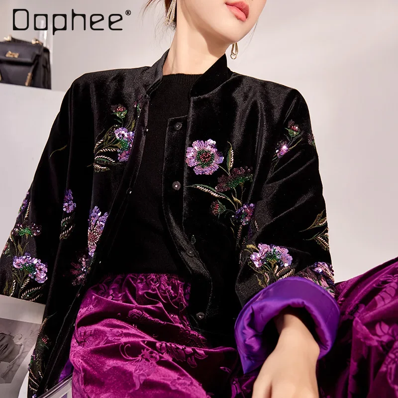 Spring New Chinese Embroidered Sequined Jacket Retro Colored Flower Thicken Coat Heavy Industry Ostrich Fur Patchwork Jackets