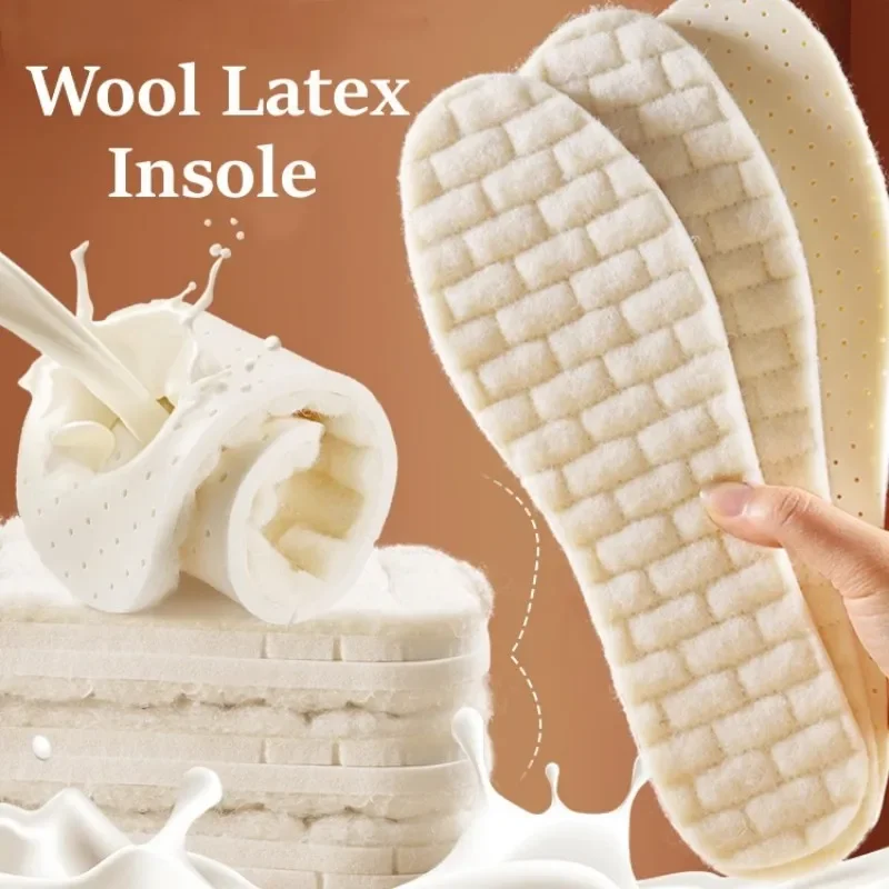 Winter Warm Wool Latex Insoles for Snow Boots Shoe Inserts Sports Insole with Plush Lining Heated Foot Pads for Shoe Sole