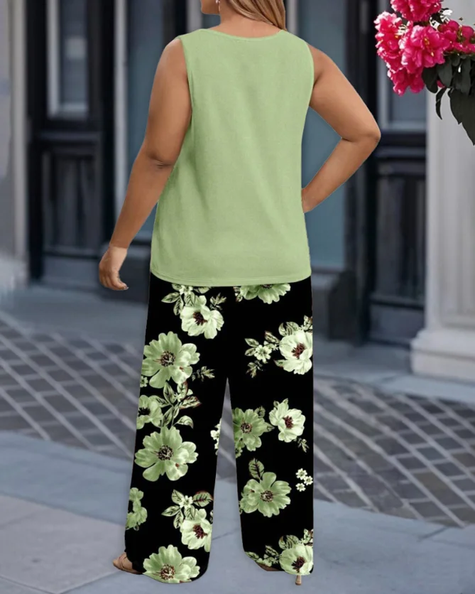 موضة جديدة 2025 الصيف 2 قطعة مجموعات الزي النسائي الجولة الرقبة أكمام تانك القمم ومجموعة السراويل طباعة الأزهار عادية