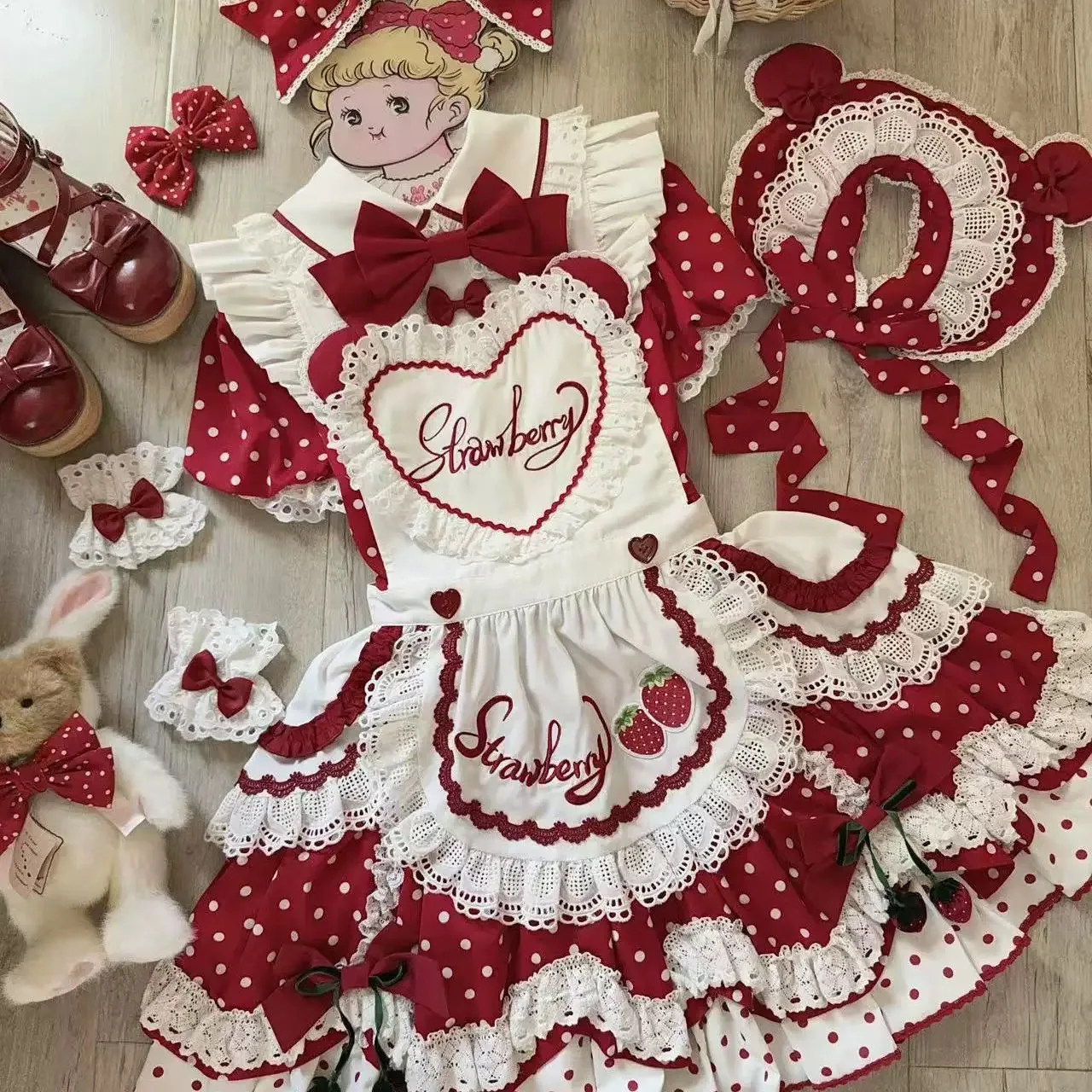 Robe Lolita japonaise douce, ensemble tablier, robe d'été pour filles, avec nœud mignon, imprimé à pois, manches courtes, robe d'anniversaire de princesse OP Y2K