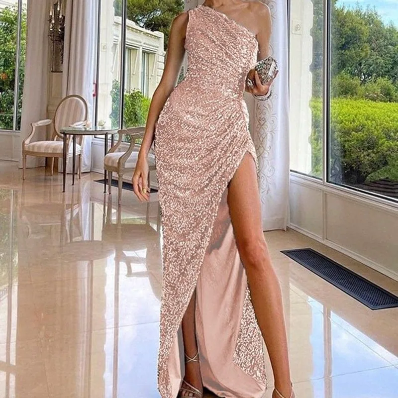 

2024 Cross Border New Sequin Style Commuting Deep V Sexy Mid Waist Oblique Collar Host Banquet Long Dress Evening Dress