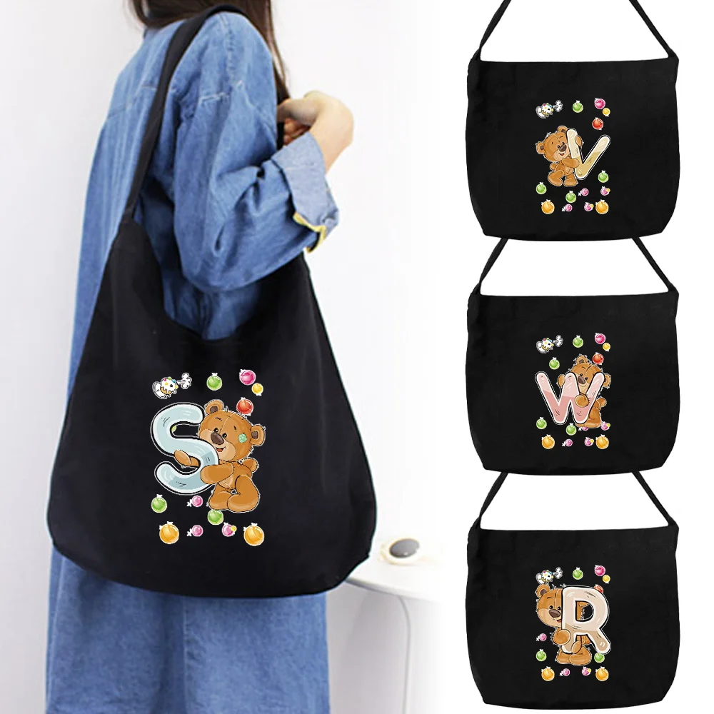 

Shoulder Bags Canvas Tote Bag Black Women's Work Commuter Bag Bear Printing Series Aesthetic Travel Organizers Bags Versatile