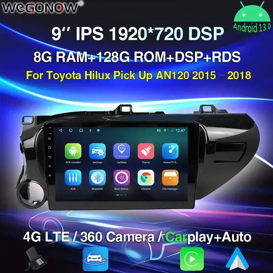 360 Panoramic Camera 8G+256G Android 13.0 Car DVD Player GPS WIFI Bluetooth RDS Radio For Toyota Hilux Pick Up AN120 2015 - 2018