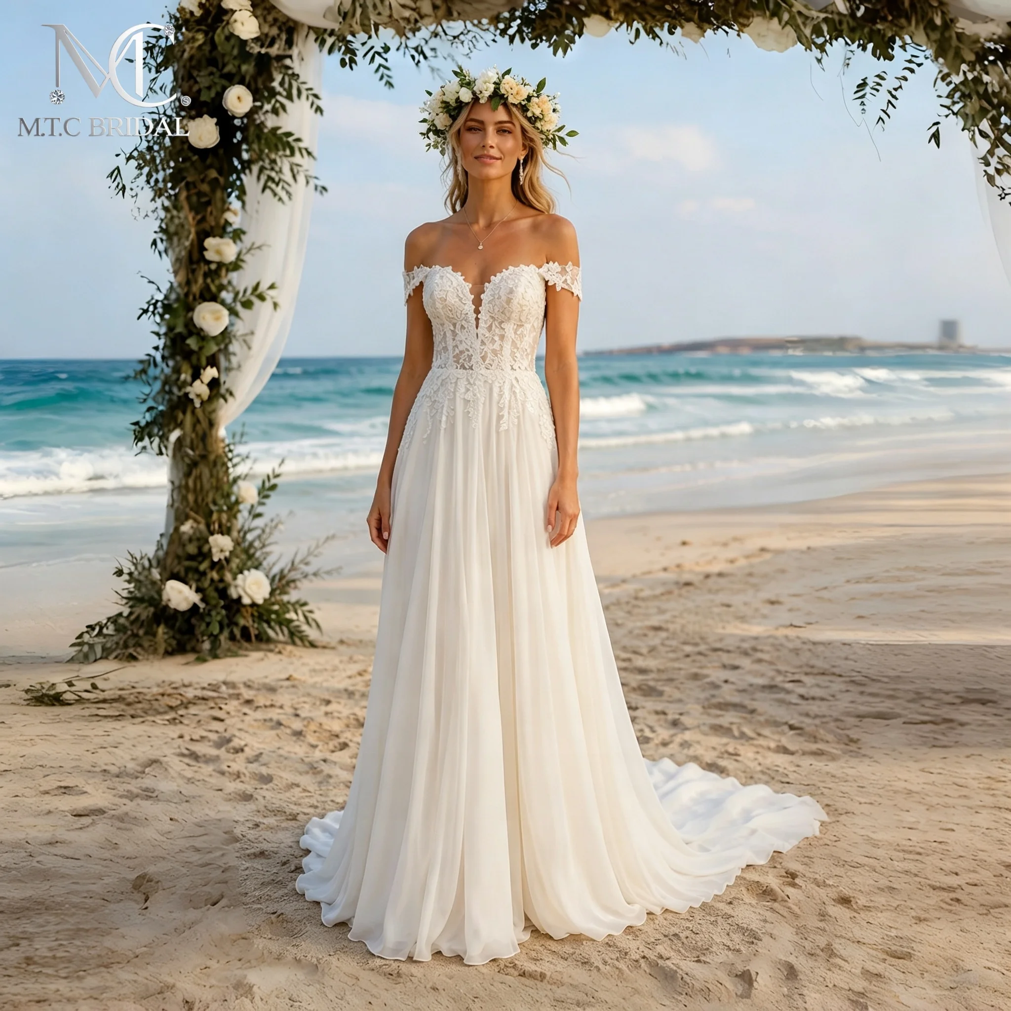 Boho Beach Wedding Dress Off‑Shoulder Lace Bodice Chiffon A‑Line Bridal Gown Corset Lace‑Up Back Romantic Outdoor Bride Dresses