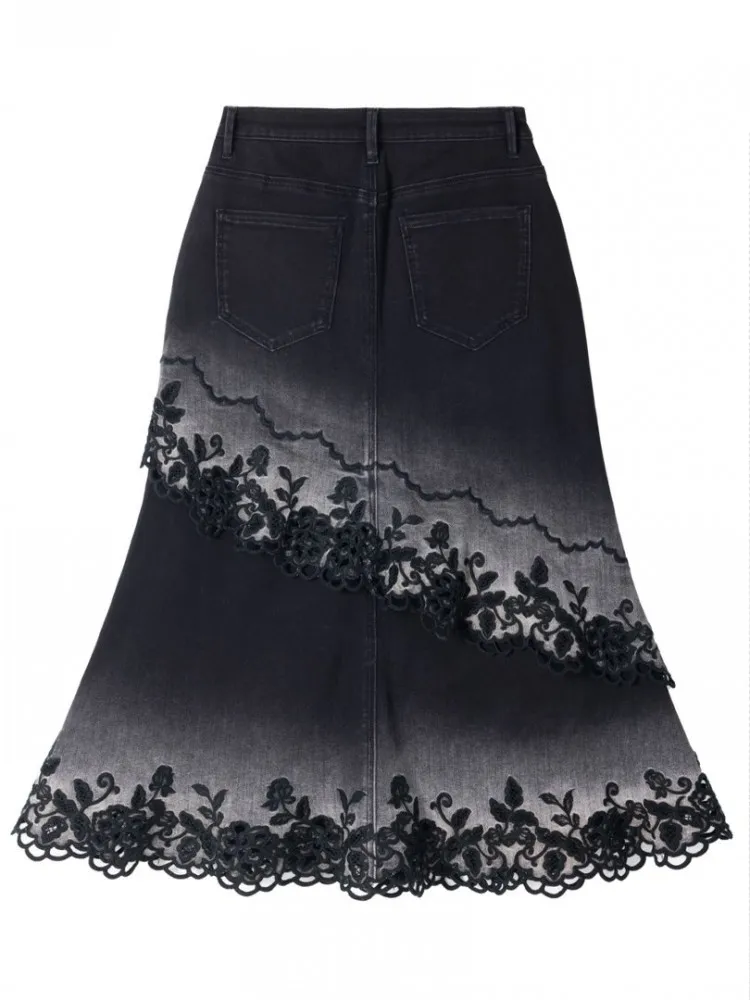 Fashion Designer Women Casual Spliced Hollowed Out Denim Embroidery A-Line Skirt Medium High Waist Elegant Lady Versatile Skirts