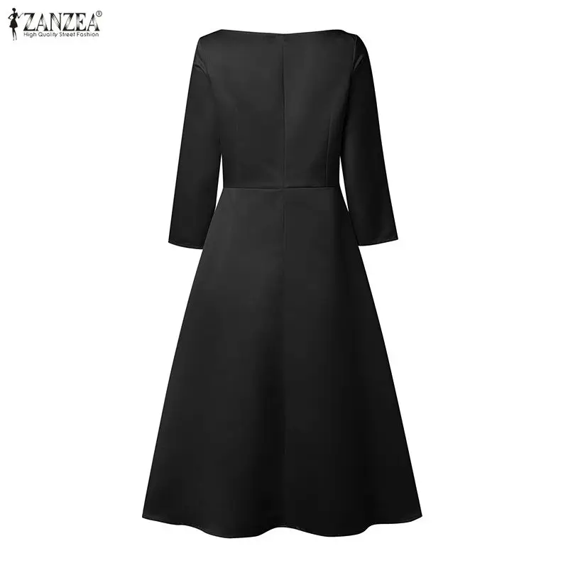 ZANZEA Elegante Abito Midi da Festa in Raso Nero, Vestito da Donna con Scollo a Barca e Maniche 3/4, Linea ad A, per Ospiti di Matrimonio