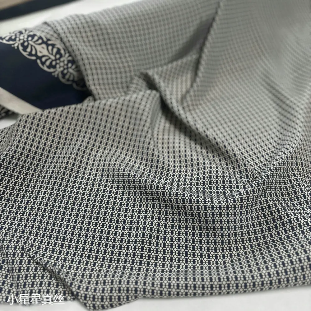 Blue Chinese Style Printed Silk Crepe De Chine Cloth Shirt Short Sleeve Robe Silkworm Silk Satin Fabric Summer