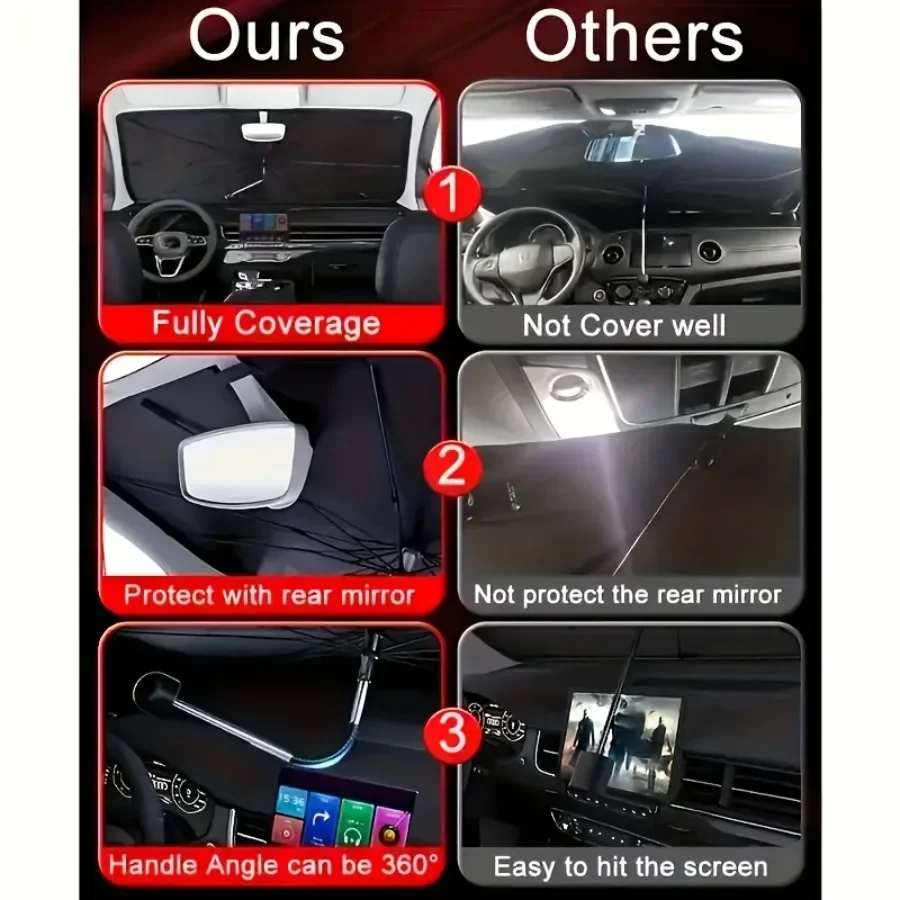 مظلة أمامية للسيارة قابلة للانحناء، مرآة رؤية خلفية قابلة للفتح؛ ترقية 360 درجة °   مظلة زجاج أمامي دوارة بمقبض ذراع قابل للانحناء.