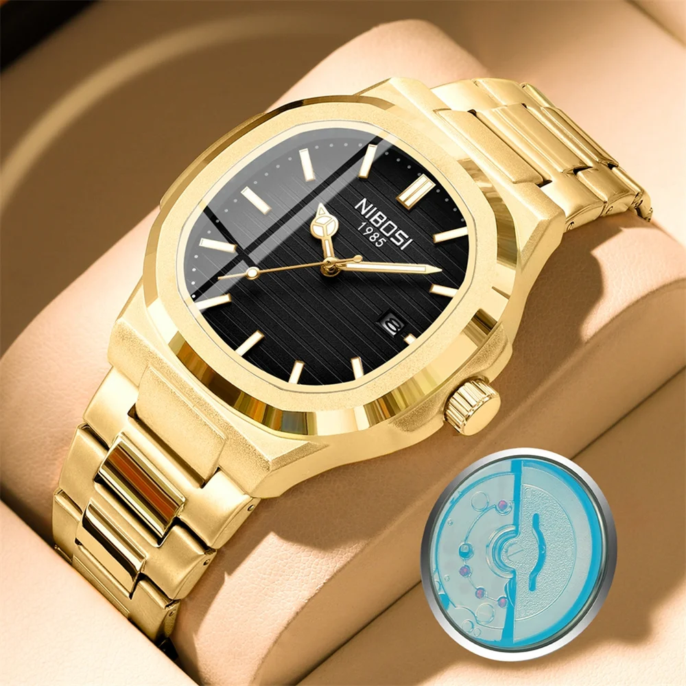 NIBOSI Brand Luxury Gold Quartz Watch Men Stainless Steel Waterproof Luminous Fashion Mechanical Case Back Design Square Watches