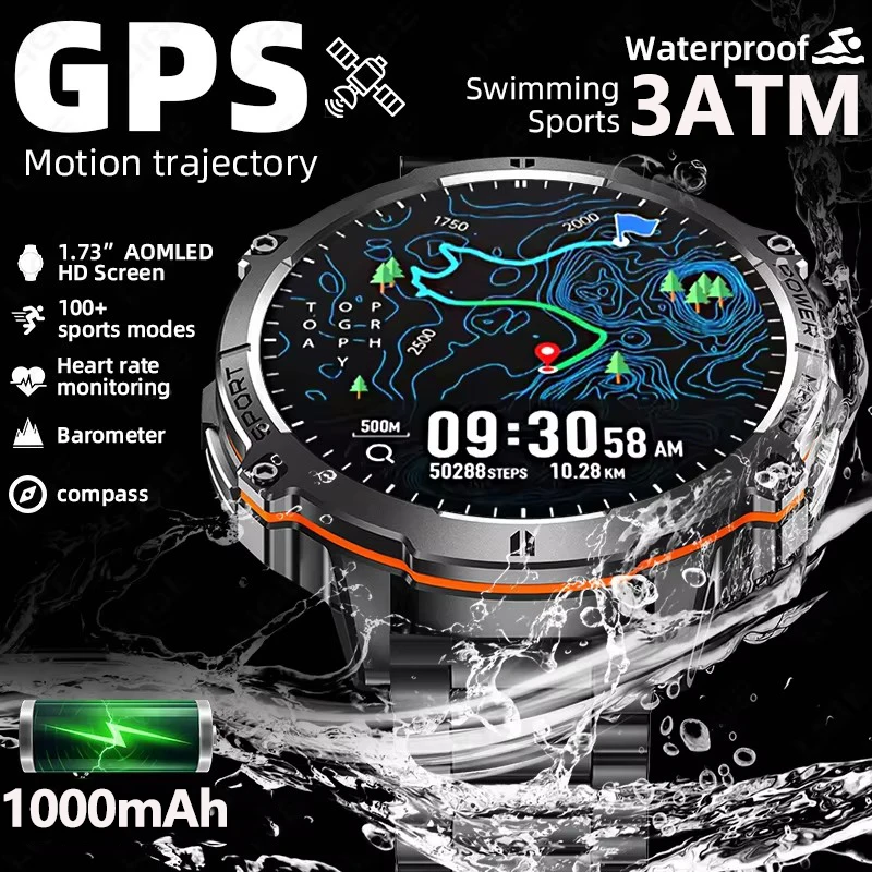 

New Outdoor Military Smart Watch Men 1.73" AMOLED Screen GPS trackr 3ATM Waterproof Heart rate Bluetooth call Sports Braceletes