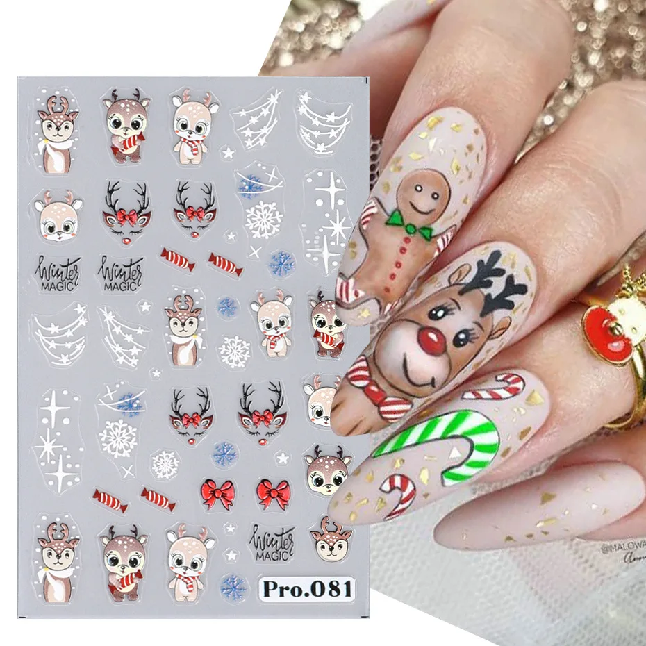 1 adet sevimli karikatür Elk tırnak Sticker noel Nail Art çıkartması Nail Art aksesuarları noel baba kar tanesi 5D kabartma Sticker