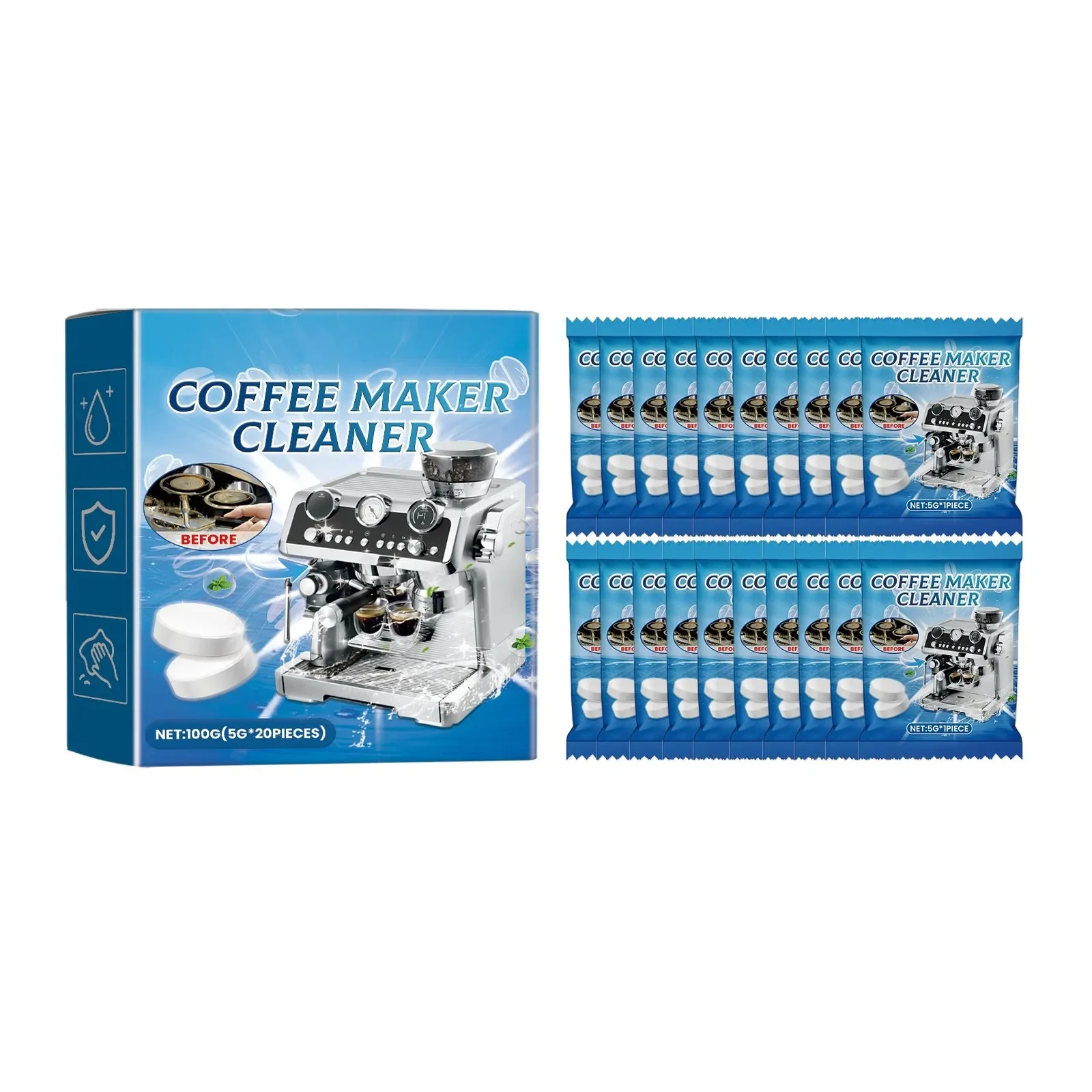 

20Pcs Coffee Machine Cleaning Tablet Effervescent Tablet Descaling Agent Removing Oil Cleaning Chemicals Kitchen Accessories