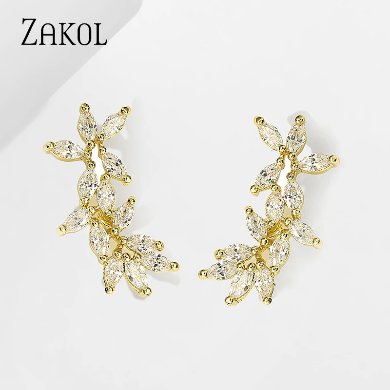 ZAKOL Marquise Cut Flower Zirconia Crystal Stud Earrings for Women Shiny Leaf CZ Stone Bridal Wedding Jewelry EP2492