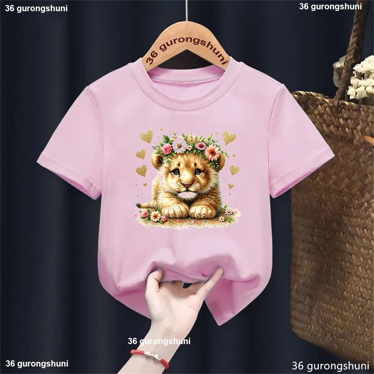 

Harajuku Kawaii Kids Clothes Glitter Lion Love Flowers Animal Printed T Shirt Girls Summer Fashion Children'S Clothing T-Shirt