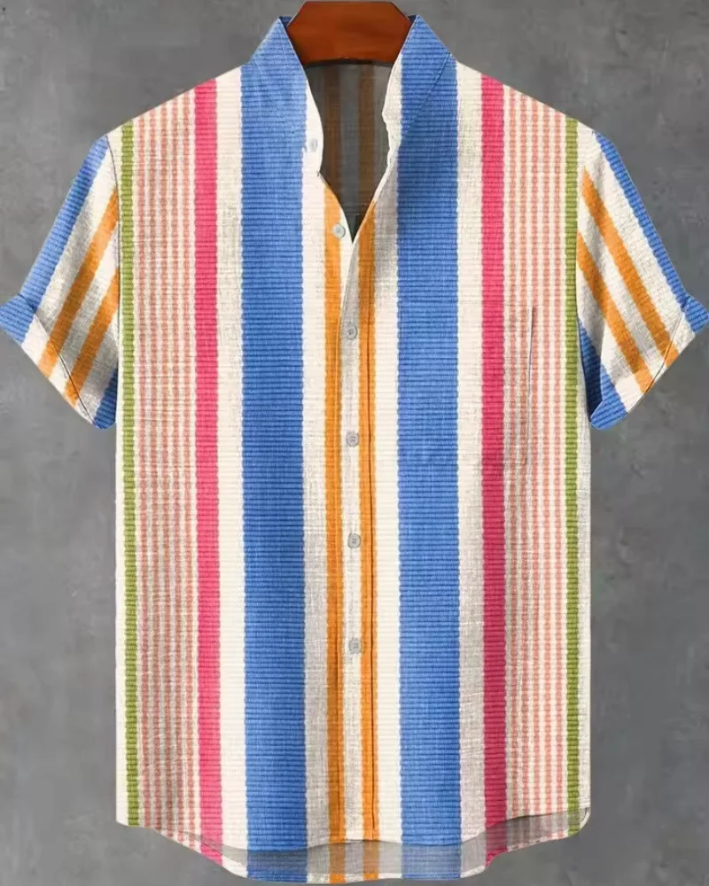 

Fashionable new striped minimalist elegant design pattern printed men's linen short sleeved shirt comfortable button up men's st