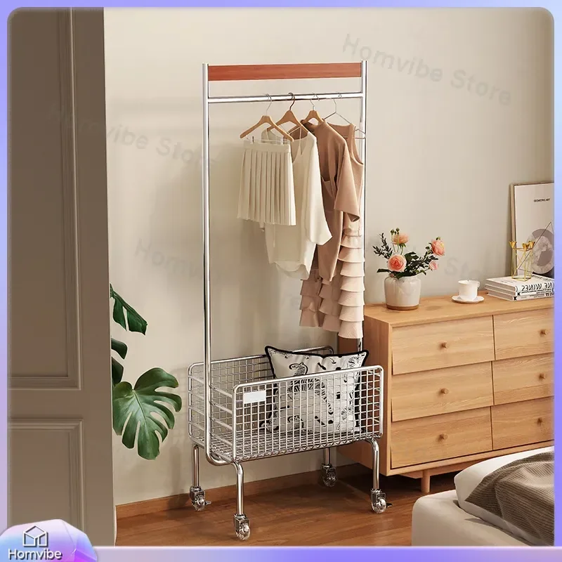 for Household Removable Stainless Steel Hanger Bedroom Small Clothes Rack with Storage Basket Laundry Basket Two in One