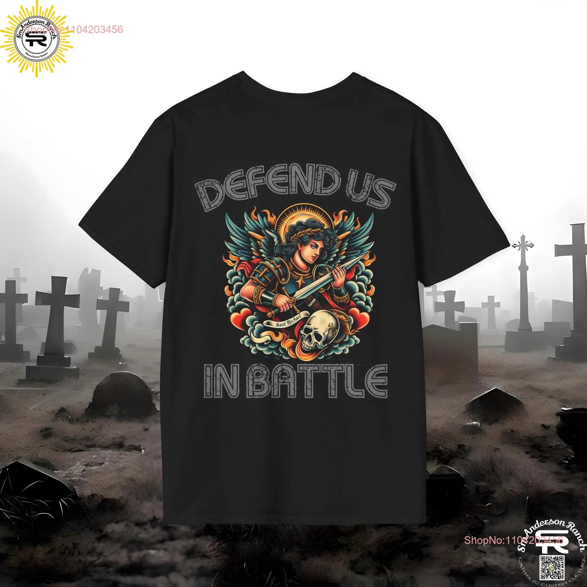 Saint Michael Defend Us in Battle Neo Traditional Tattoo Style SR Catholic Christian Church T Shirt long or short sleeves