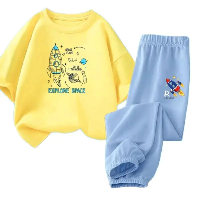 Children Clothing Sets Boys 2024 Summer Rocket Space Cotton T-shirt Short Sleeves Trousers 2pcs Suit Baby Clothes