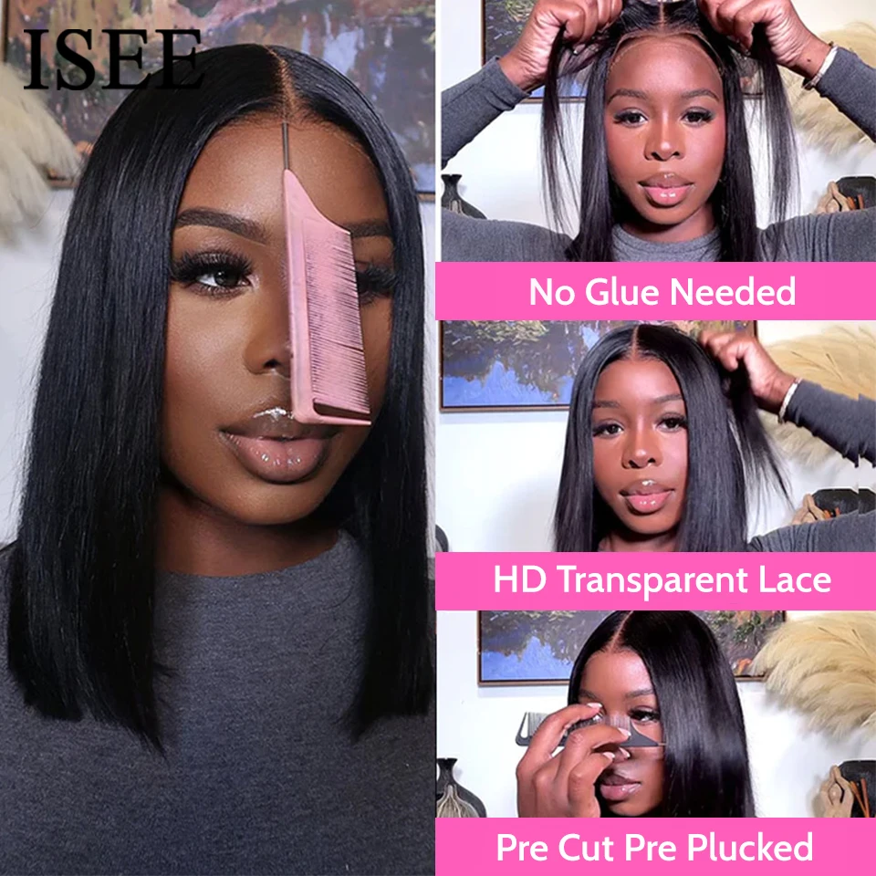 ISEE Hair 6X4 HD Glueless Wig Transparent Straight Lace Front Human Hair Wigs Wear And Go Pre Cut PrePlucked Brazilian Bob Wig