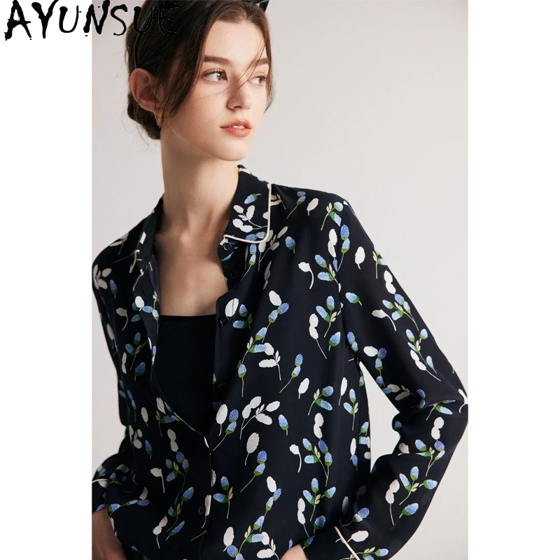 AYUNSUE بلوزة من حرير التوت الطبيعي عالية الجودة بأكمام طويلة للنساء بلوزات للمرأة أنيقة Blusas De Mujer