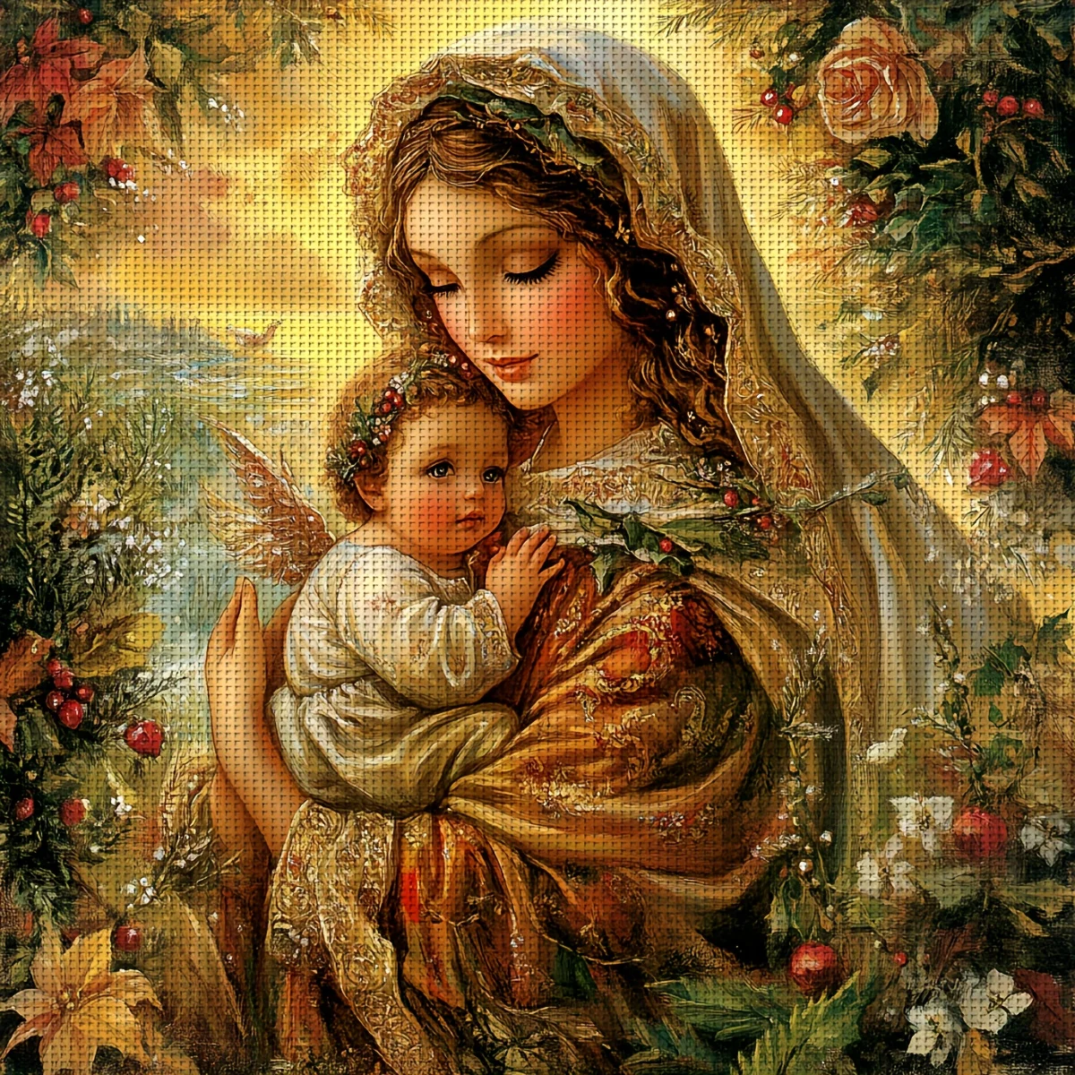 1PC 36X36cm/14.17X14.17inch, 11CT Print Cross Stitch DIY Kit, Divine Motherhood, Adult Beginner's Relaxed Cross Stitch
