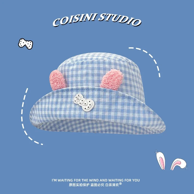 

Cute Cartoon Rabbit Ears Plaid Bucket Hats for Women Spring and Summer Travel Fashion Sunscreen Versatile Sweet Basin Cap