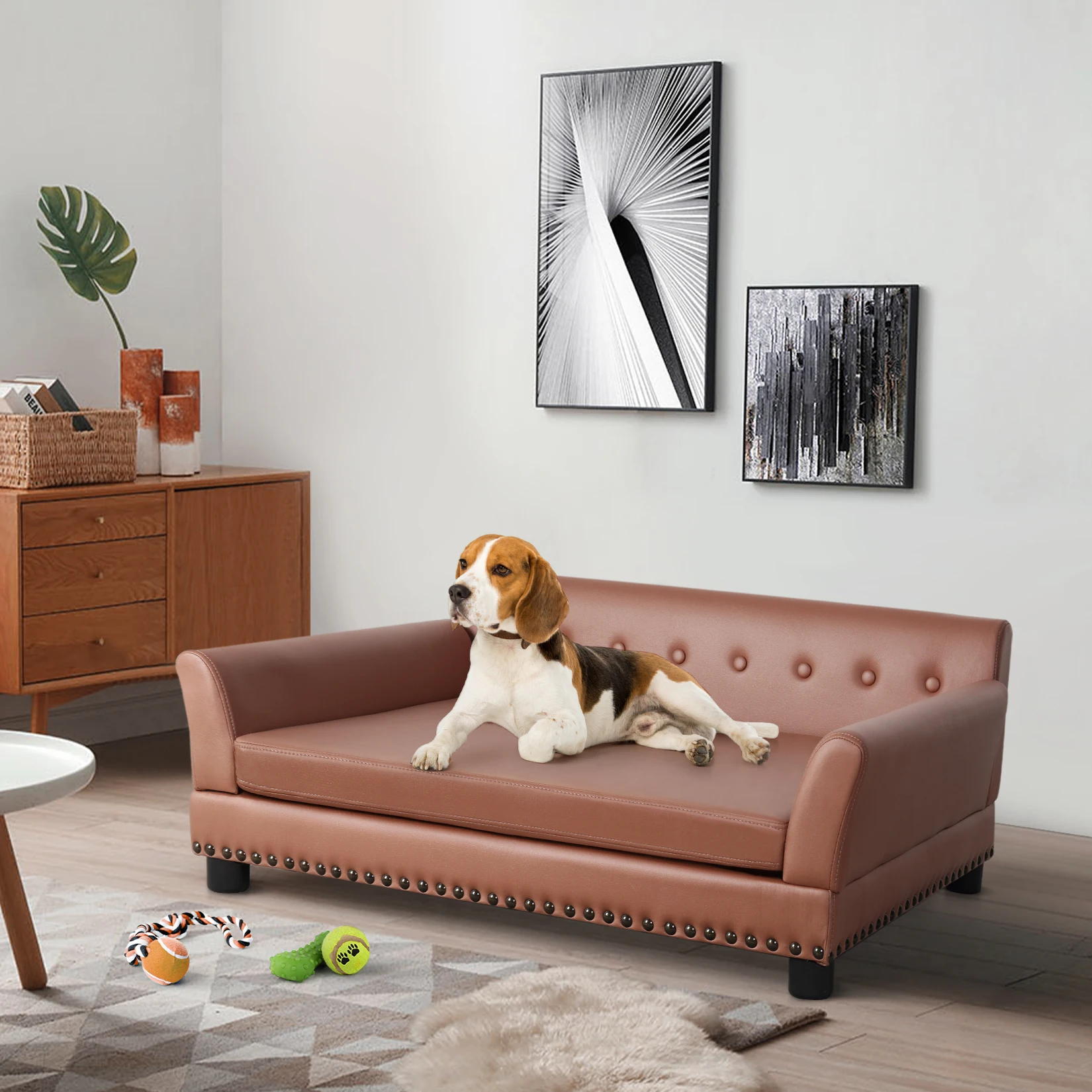 Dog Couch,Puppy Bed,Cat Sofa,Cat Couch,Pet Sofa,Dog Chair,Small Pet Bed Wooden Frame, Leather Fabric and Cushion Animals Using