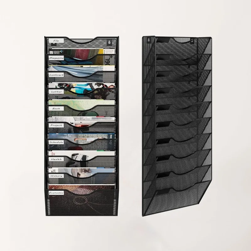 

10 Tier Wall Mounted Magazine Rack Mesh A4 Paper File Organiser Mail Holder Storage, Black