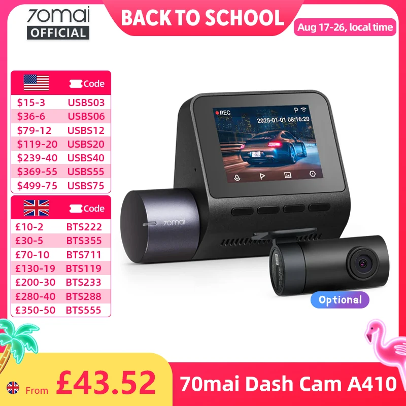 70mai Dash Cam A410 2.5K+1080P Dual-Channel Record