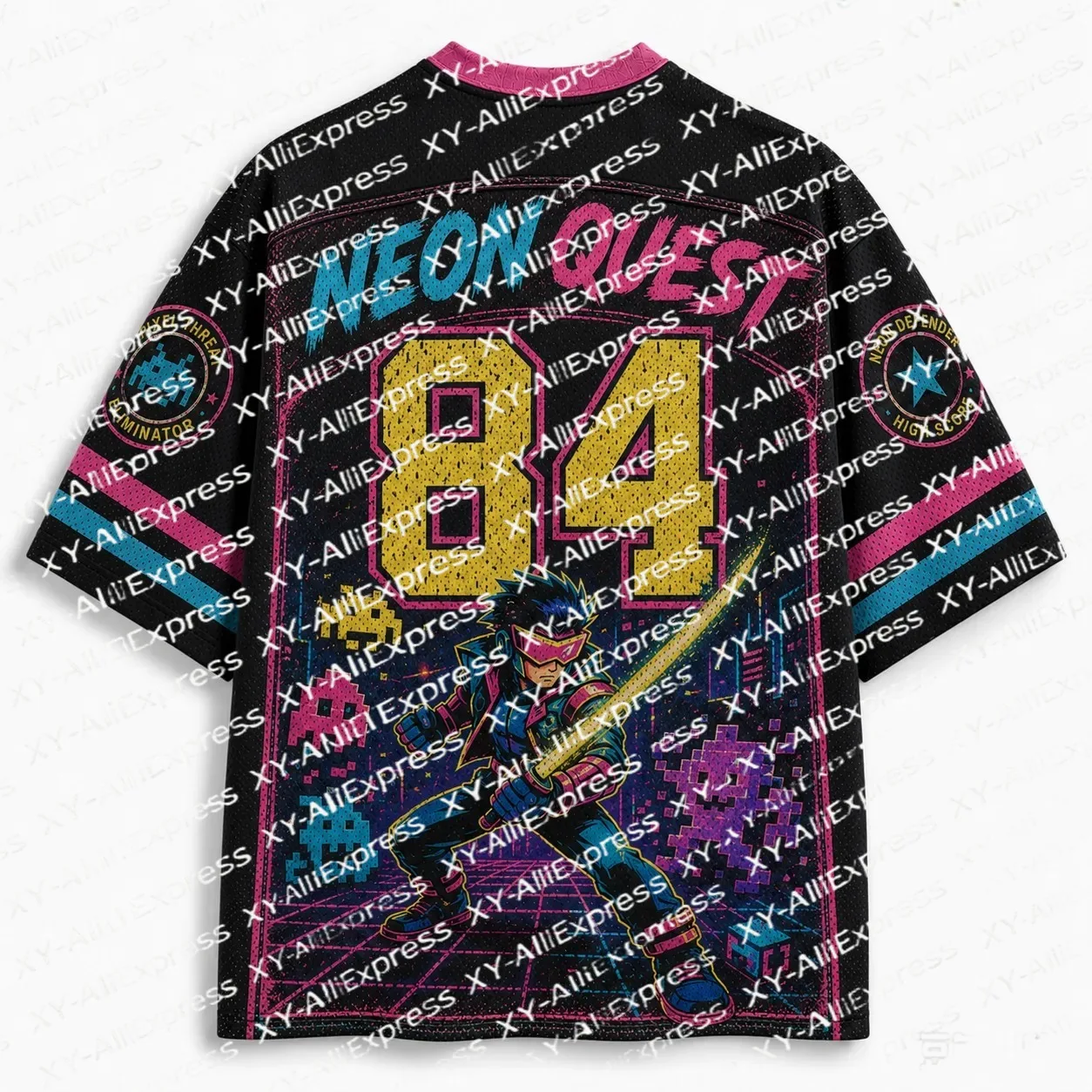 Men's Retro Arcade Gaming Graphic Tee Vintage Neon Pixel Warrior City Grid Art Print Lightweight Quick Dry Gamer Street Events
