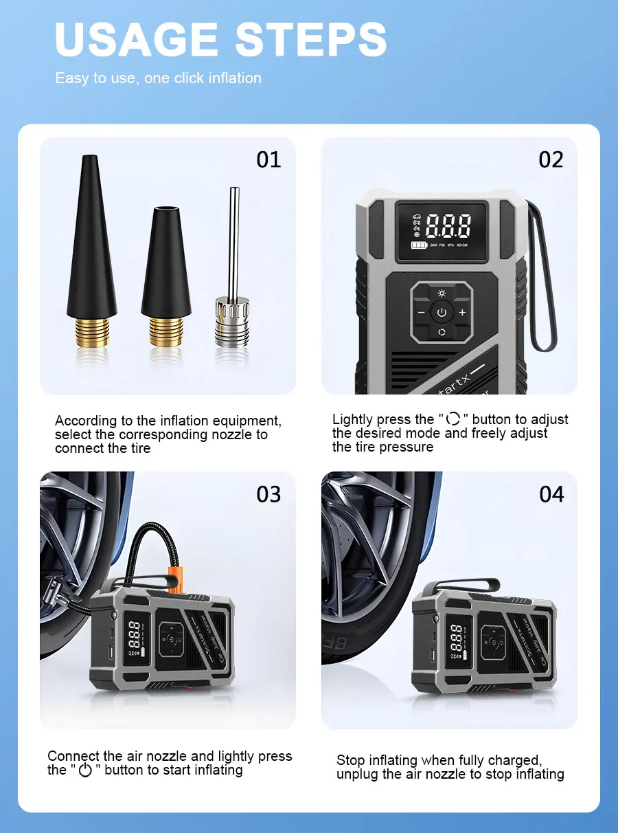 12V Tragbarer Auto-Starthilfe-Kompressor 150PSI, 2-in-1 Auto-Batterie-Notfall-Booster Powerbank, Auto-Elektronik-Zubehör – Detail 2