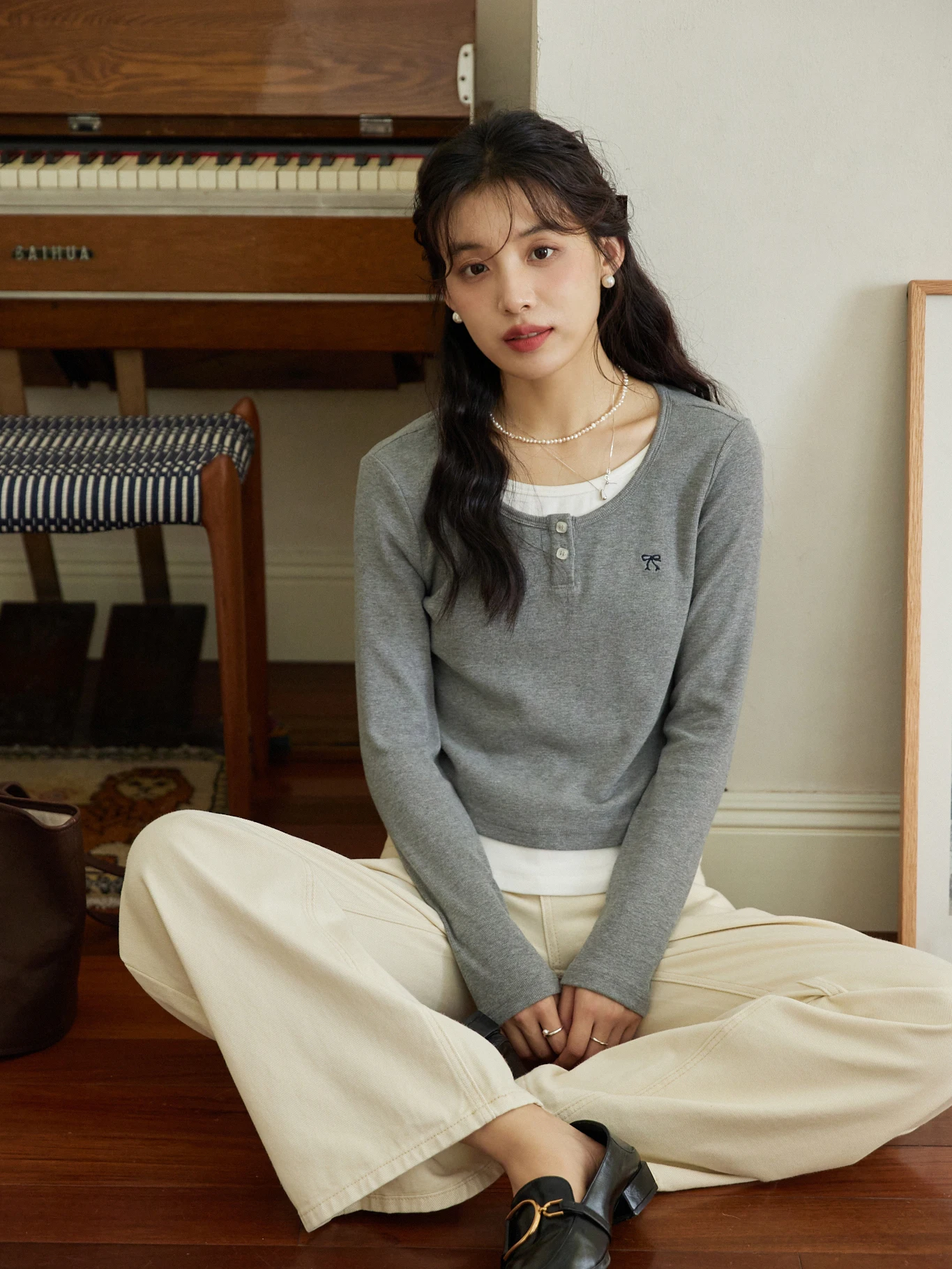 

MIXABO женская футболка Long Sve round Ne с вышивкой, внутренняя одежда, повседневный облегающий осенний топ из двух предметов