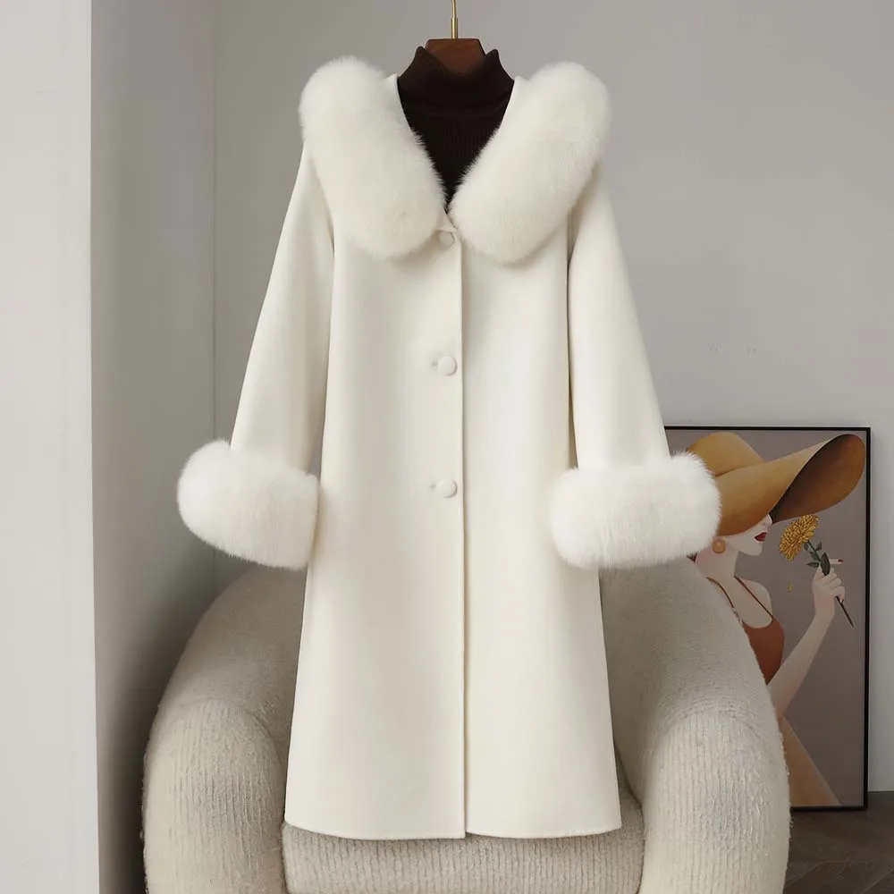 

2025 Autumn Winter Double Sided Wool Coat For Women Fur Collar Long Sleeve Coats