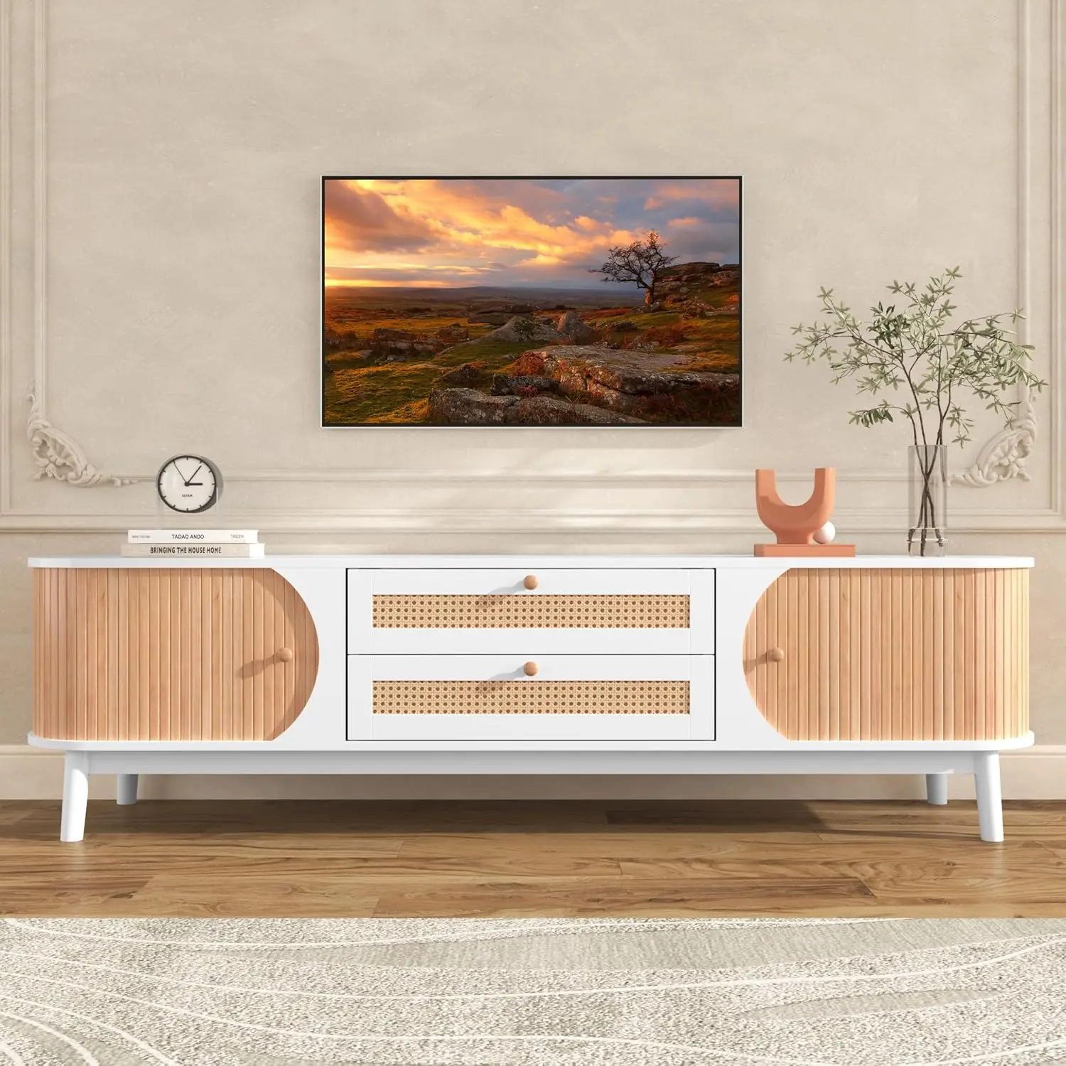 Lostcat Tv Stand For Tvs Up To 65 Inch, Entertainment Center With 2 Rattan Drawers And Sliding Doors, Tv Console Table With