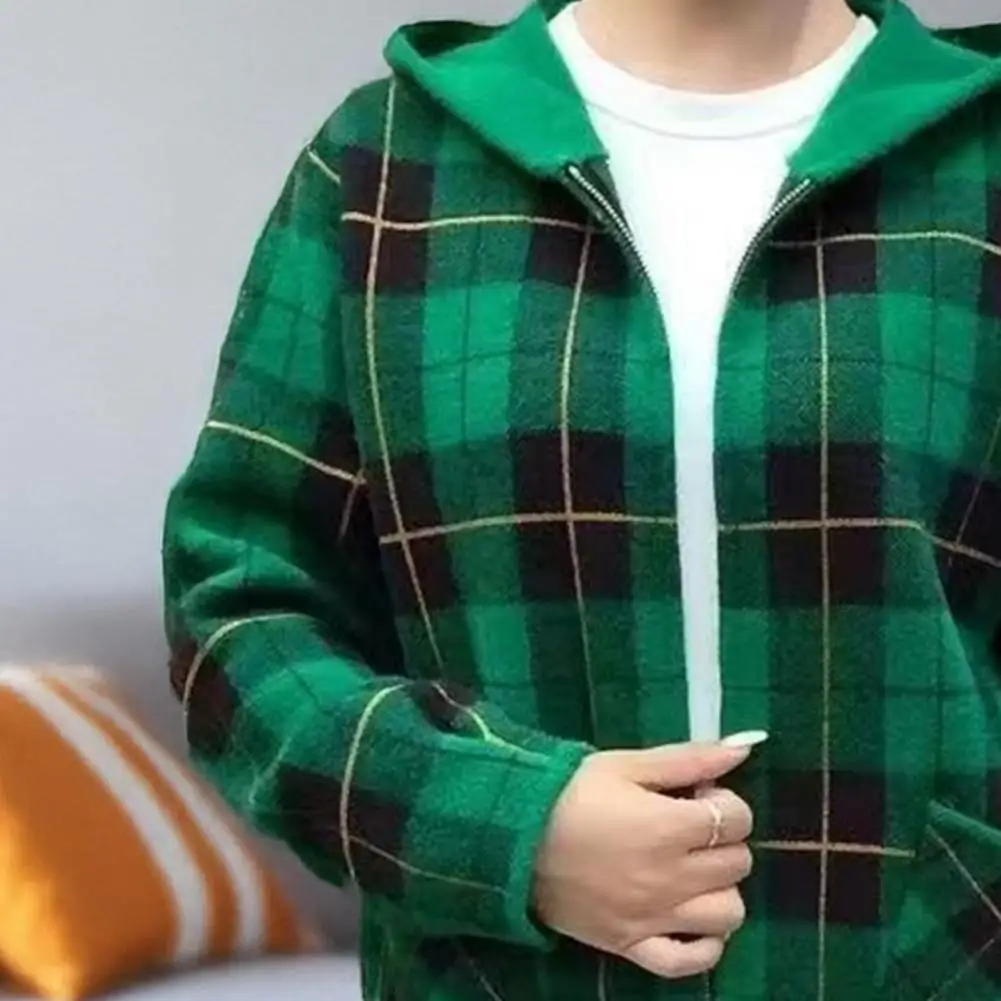 Loose Fit Women Jacket Women Polyester Coat Women’s Plaid Shacket Jacket Wool Blend Long Sleeve Coat Zip-up Hooded for Fall