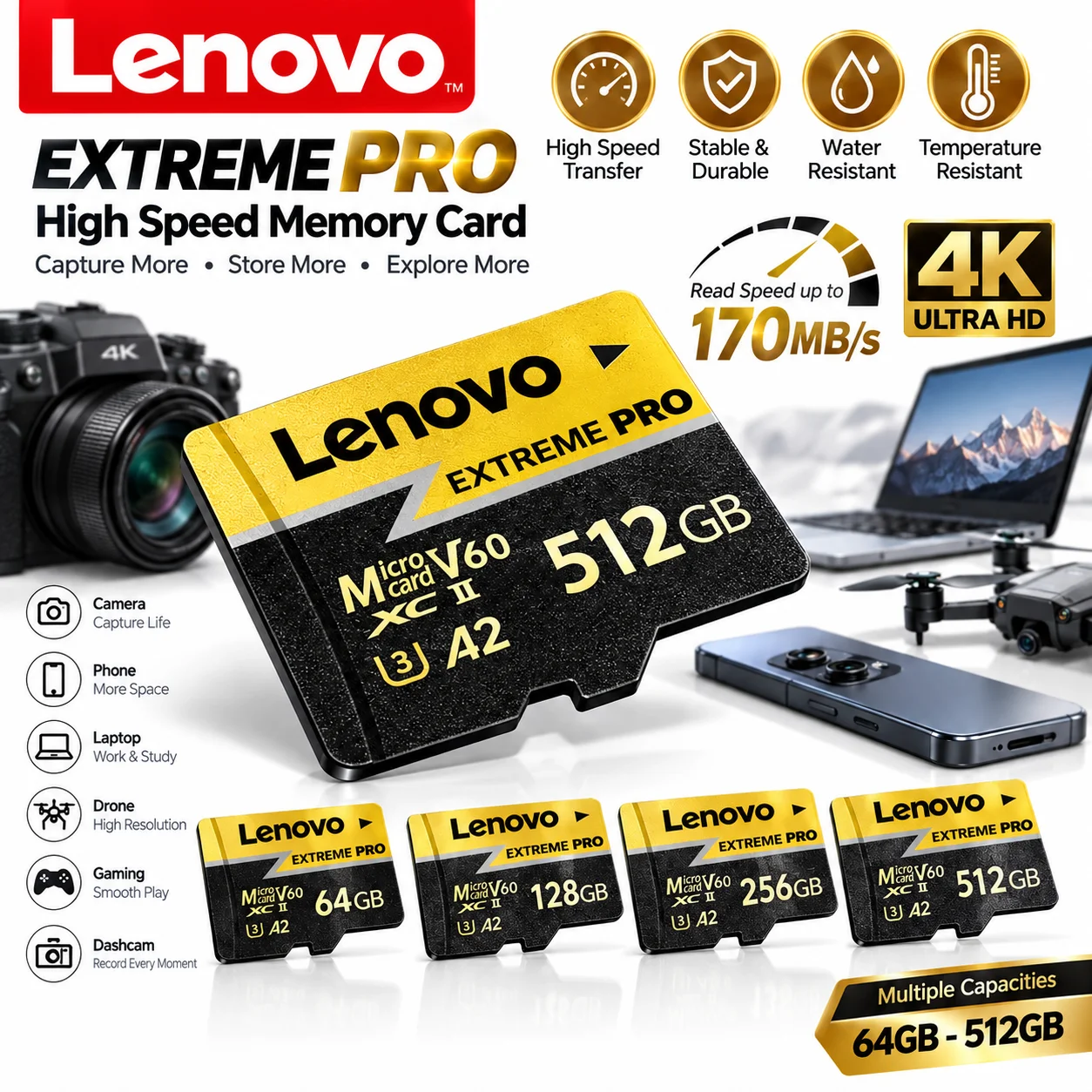 Lenovo V60 U3 512GB High Speed Micro SD Card for Camera Drone - Support 4K Full HD Video Cartao De Memoria Flash Memory Cards