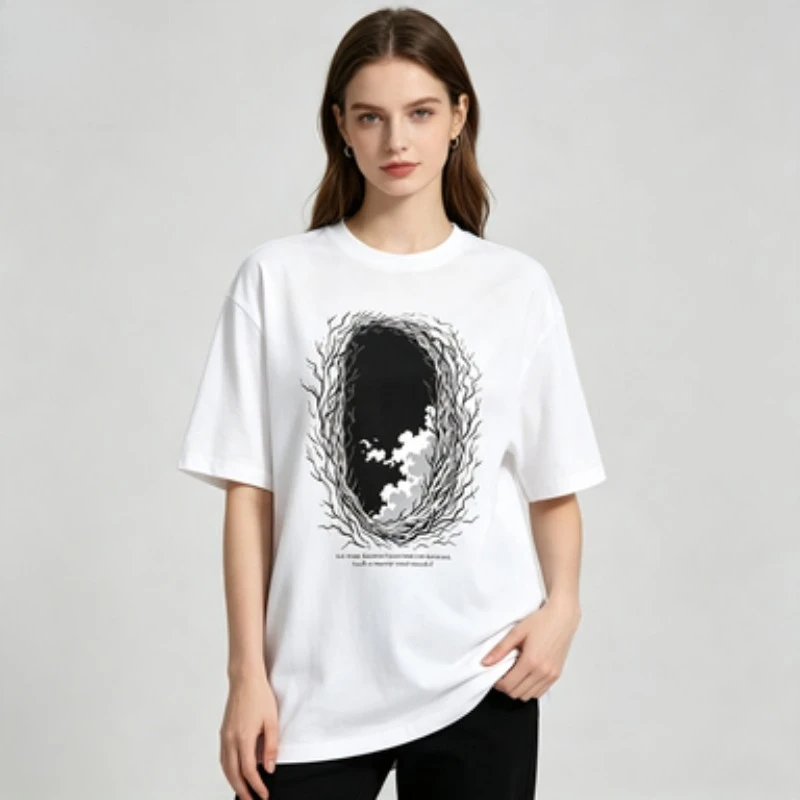 Gothic Vintage Women Cotton T Shirt Twig Portal Cloud Line Art Graphic Dark Quote Casual Loose Fit Short Sleeve Tops