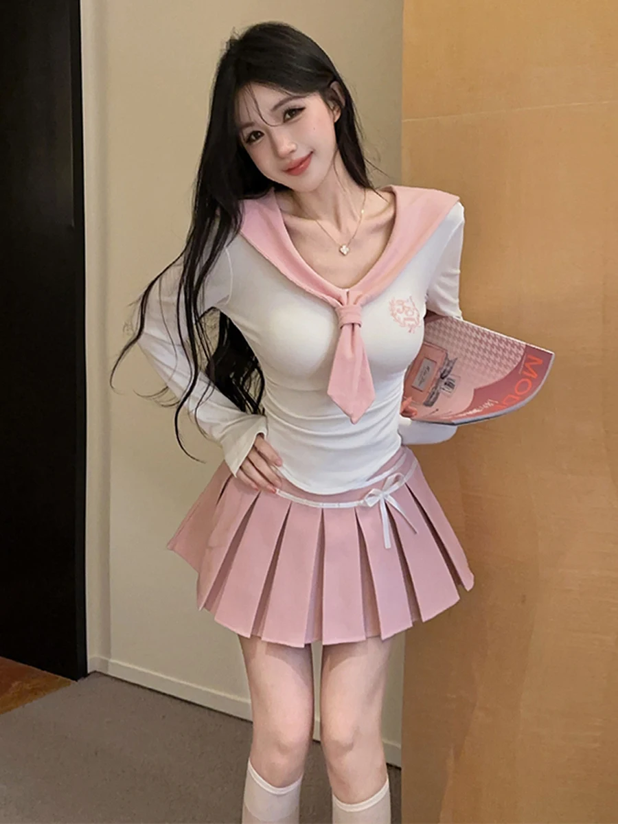 Pure Desire Long Sleeve T-Shirt Women's Print A-Line Pleated  Skirt Anti-Aging Beautiful Autumn JK Uniform Set