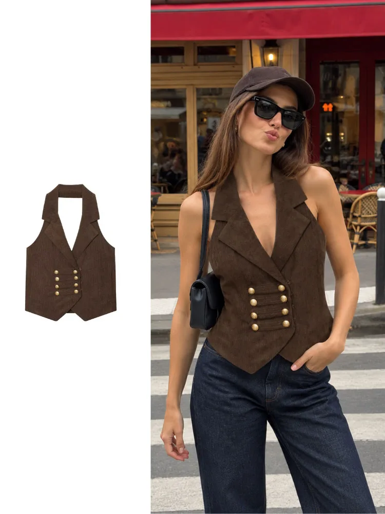 HH Women Brown Corduroy Vest Fall Fashion Sleeveless Blazer Waistcoat Double Breasted Button Down Suit Vest Casual Outerwear