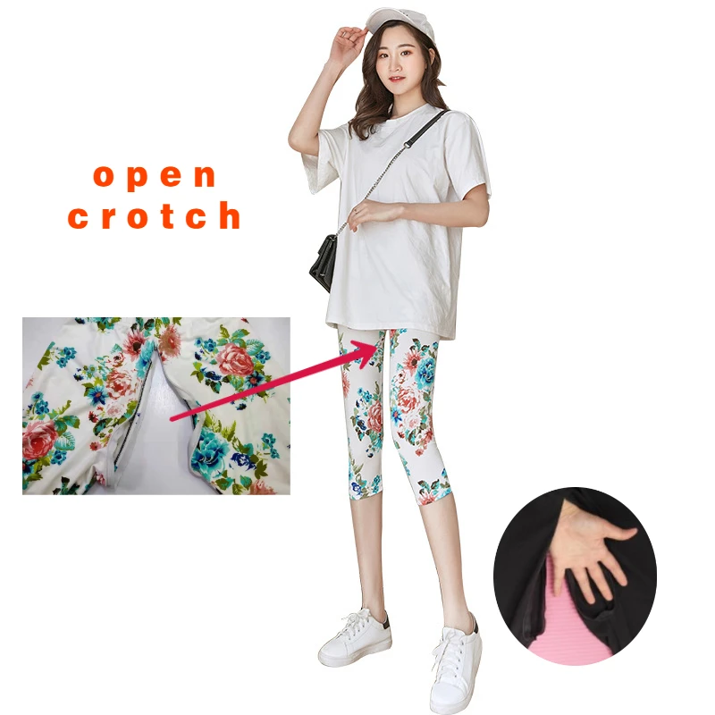 2024 New Summer Open-Crotch Pants Leggings Women's Outer Wear Thin Cropped Pants Stretch Floral plus Cropped  Skinny Pants