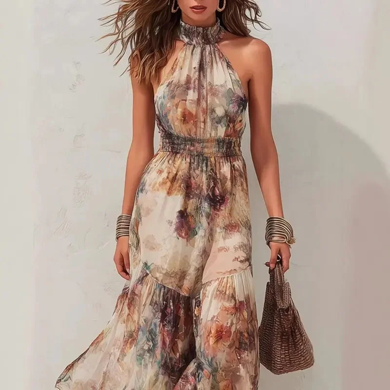 Elegant Halter Off Shoulder Party Dresses Woman Summer Floral Print Long Dress Cinched Waist Sleeveless Summer Beach Dress