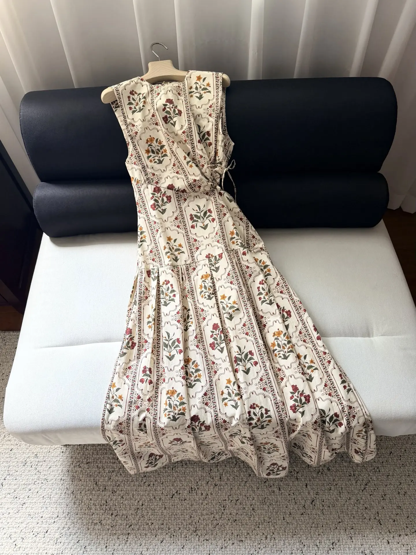 

Women Floral Printed Maxi Dress 100% Cotton Waist Hollow Out Round Neck Sleeveless Casual Female Robe