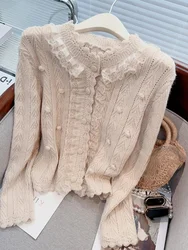 Temperament Retro Lace Fungus Sweater Jacquard Knit Cardigan Pull Femme Autumn 2024 Outwear Tops Knitwear Jacket Clothes