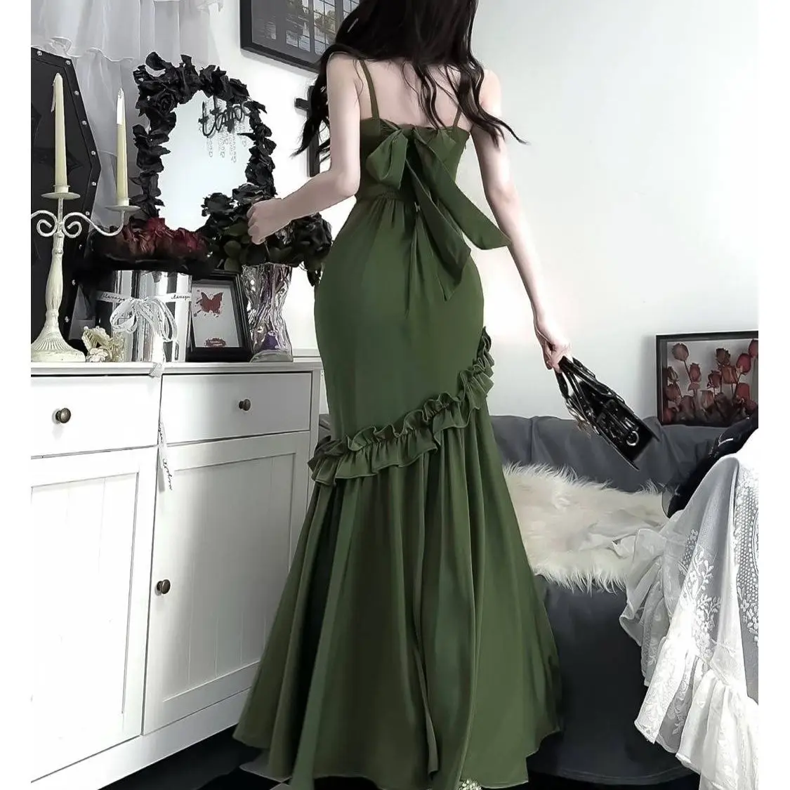 Gaganight Women Spring French Style Green Sling Dress 2024 Summer New Vintage Sexy Slim Birthday Party Dresses Female Vestidos