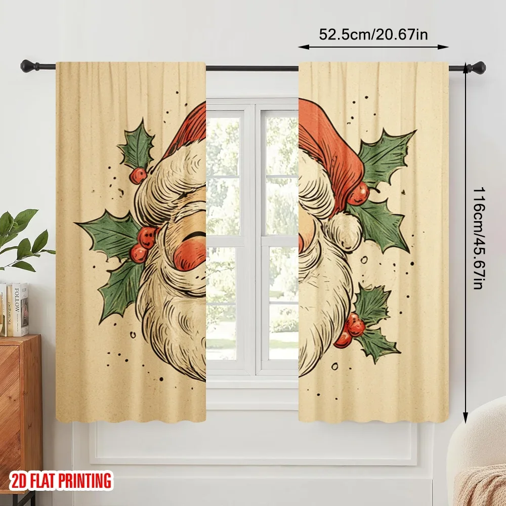 2pcs,2D plane printing Contemporary Curtains Vibrant Santa Claus Head Durable Polyester (without rod) Gifts Ldeal for Living
