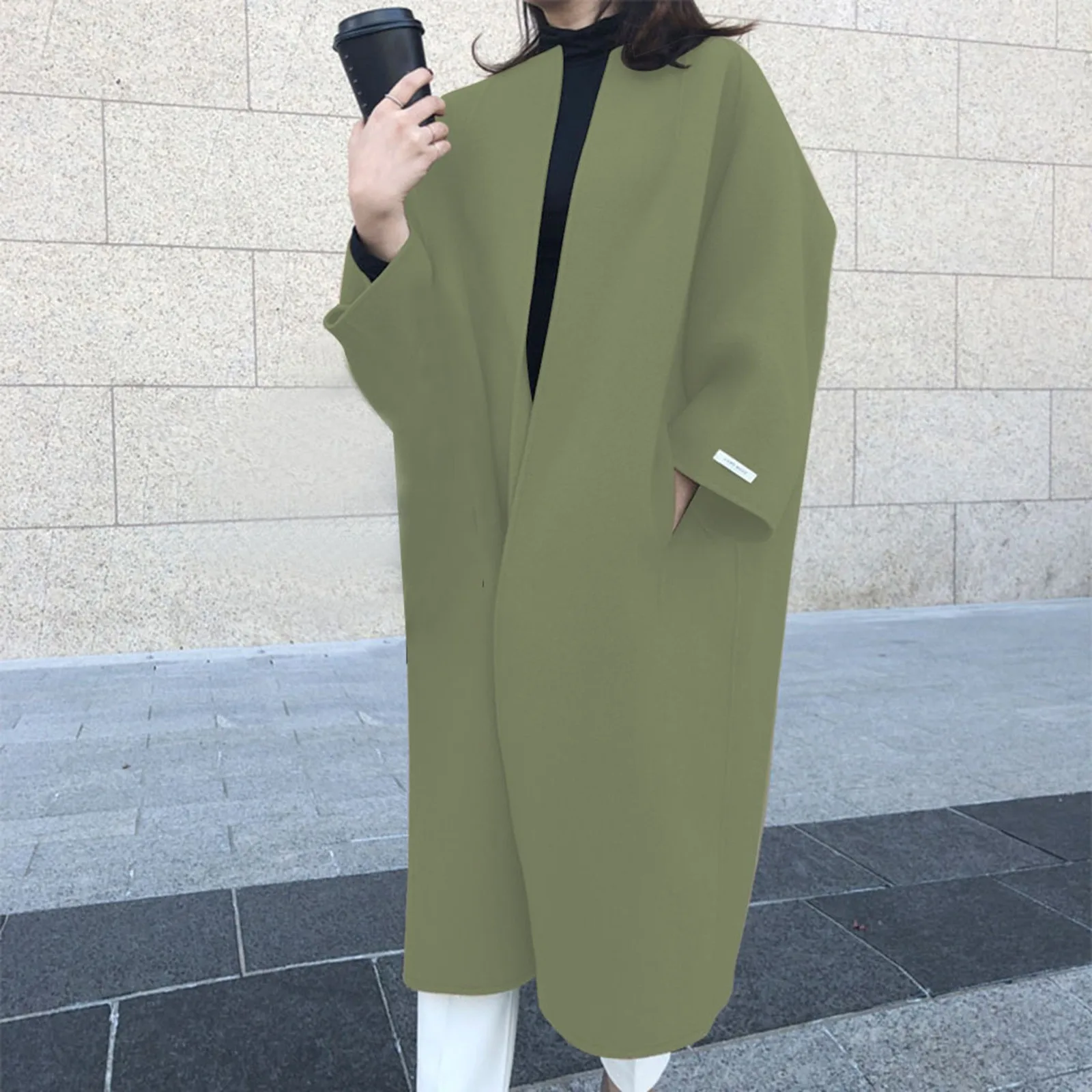 Winter Solid Color Straight Long Jacket Loose Fit Solid Color Casual Wool Coat Ladies Round Neck Pockets Cardigan Overcoat