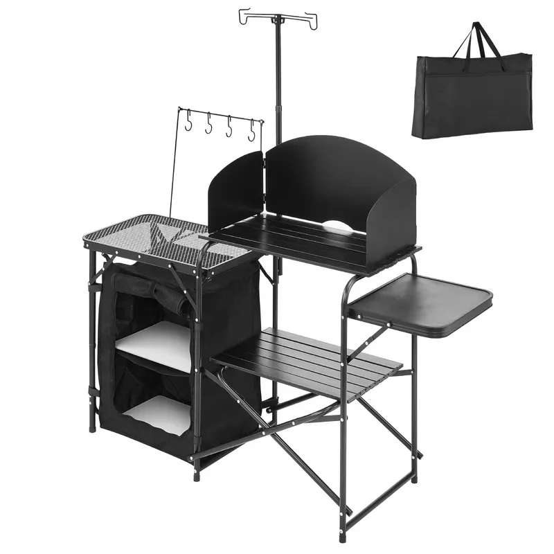 "Modern Aluminum Portable Camp Kitchen Table with Storage Cupboard & Detachable Carrying Bag"