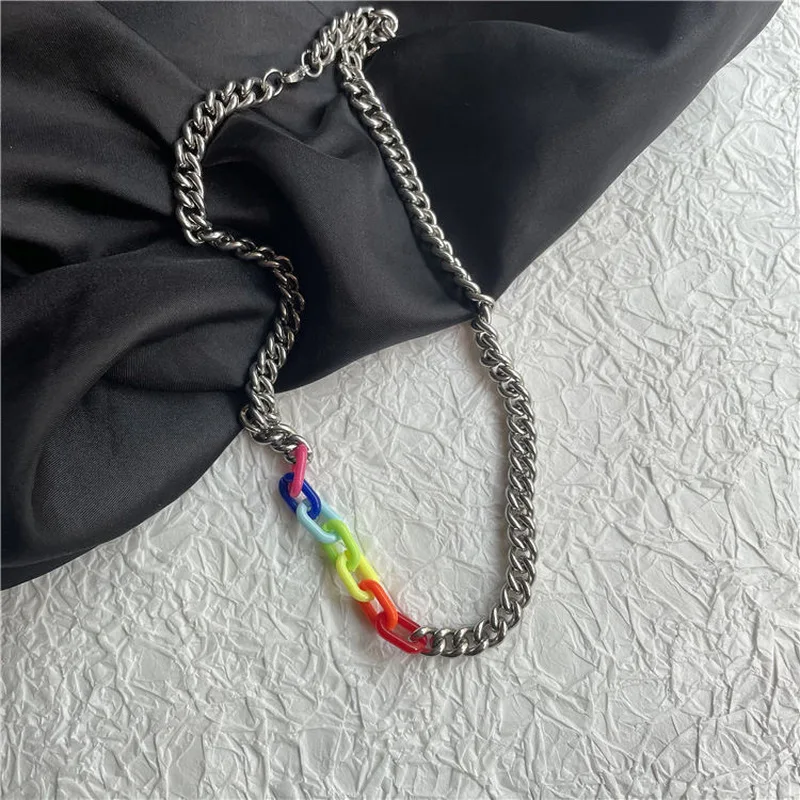B&C Thick silver curb chain necklace colorful resin link splicing casual unisex street neck jewelry