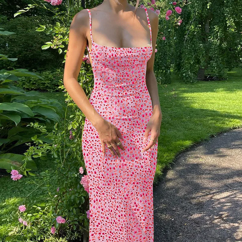 

Summer Women's Suspender Skirt Backless Sexy Slim Flower Floral Fashion Party Date Vacation Long Dress for Female