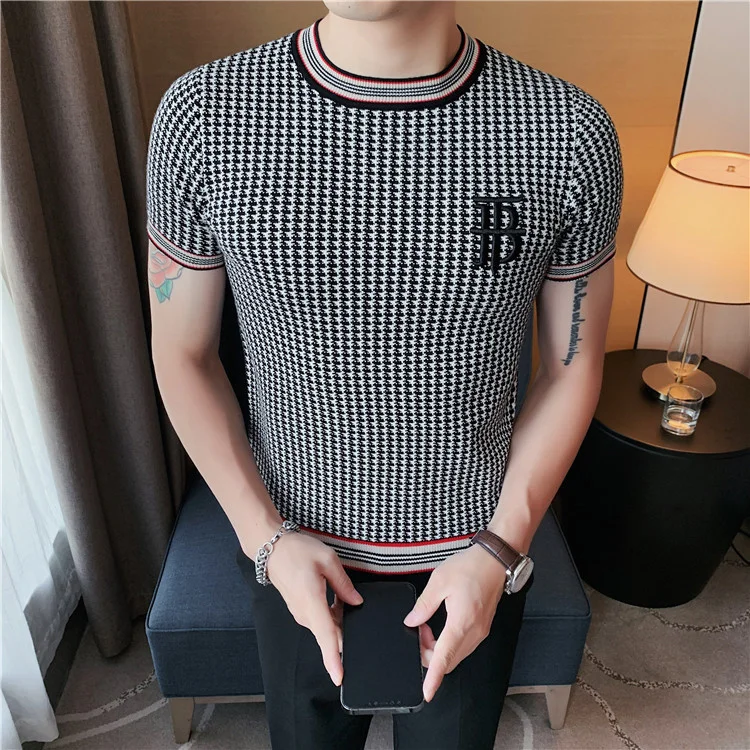 2025 new men's summer crew neck embroidered letter thousand bird grid knitted ins high-end slim-fit bottoming shirt